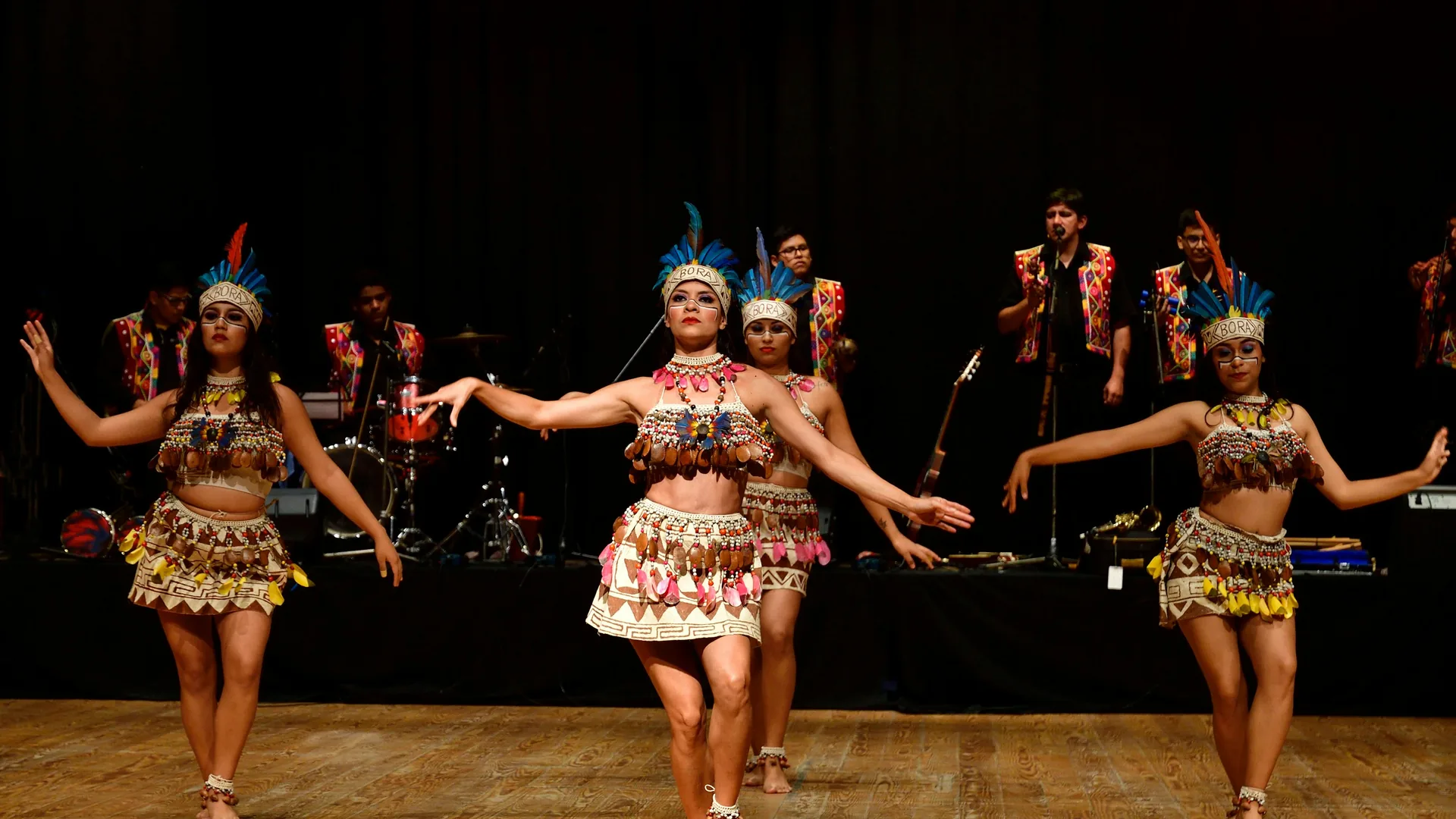 Dancers in costume performing on a darkened stage